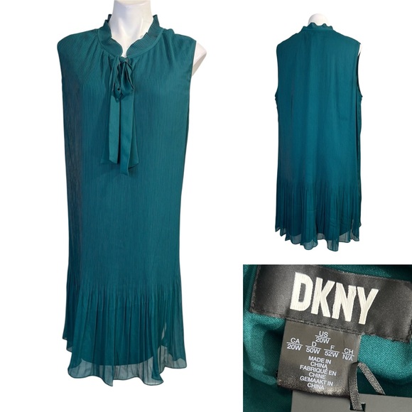DKNY dress plus size 20w emerald green Pleated Tie Neck shift office fall church - Picture 1 of 7